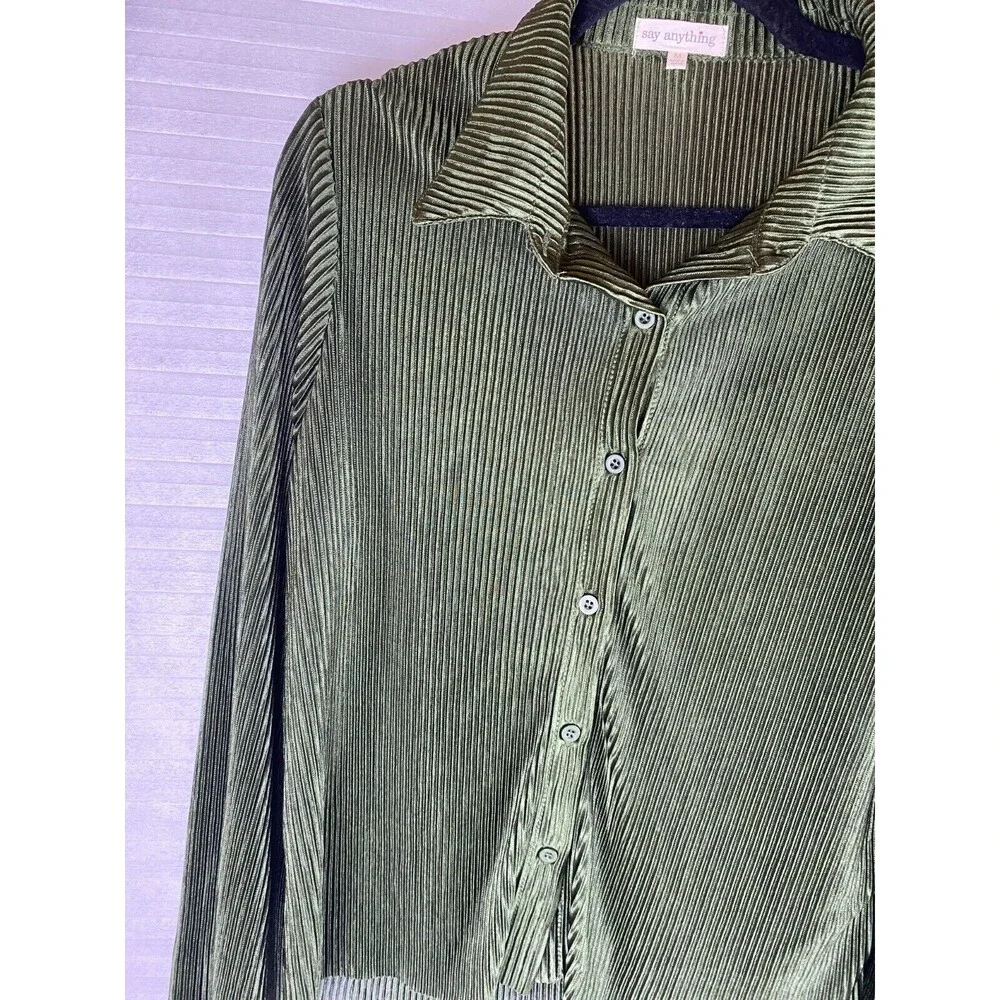 Say Anything 2pc Top Pants Sz M Olive Green Ribbed Long Sleeve Button Down Sheer - Picture 2 of 14